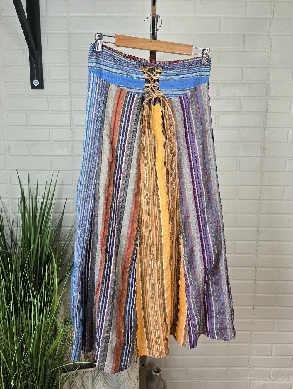 Boho Stripe Lace Up Maxi Skirt Size Small